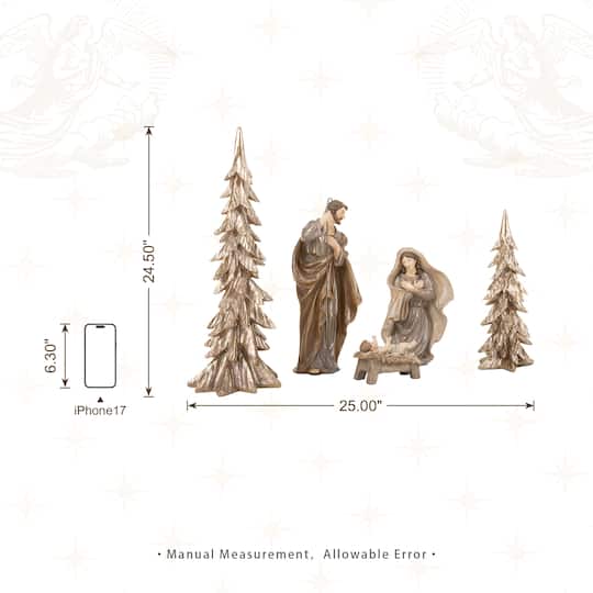 Glitzhome® 5-Piece Brown Resin Holy Family & Christmas Trees Figurine Set